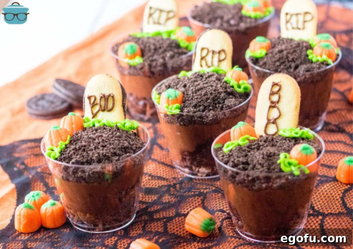 Horizontal images of finished Halloween Graveyard Cups on black lace fabric, perfect for a spooky party.