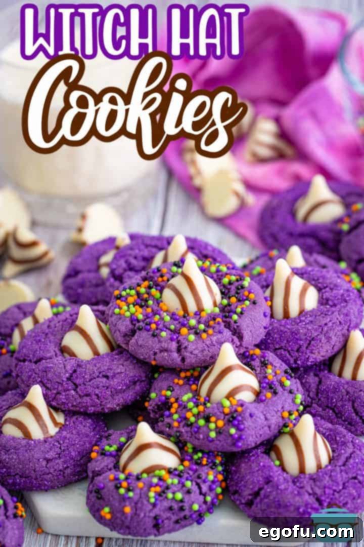 Pinterest image of Halloween Witch Hat Cookies stacked on platter, ideal for sharing.