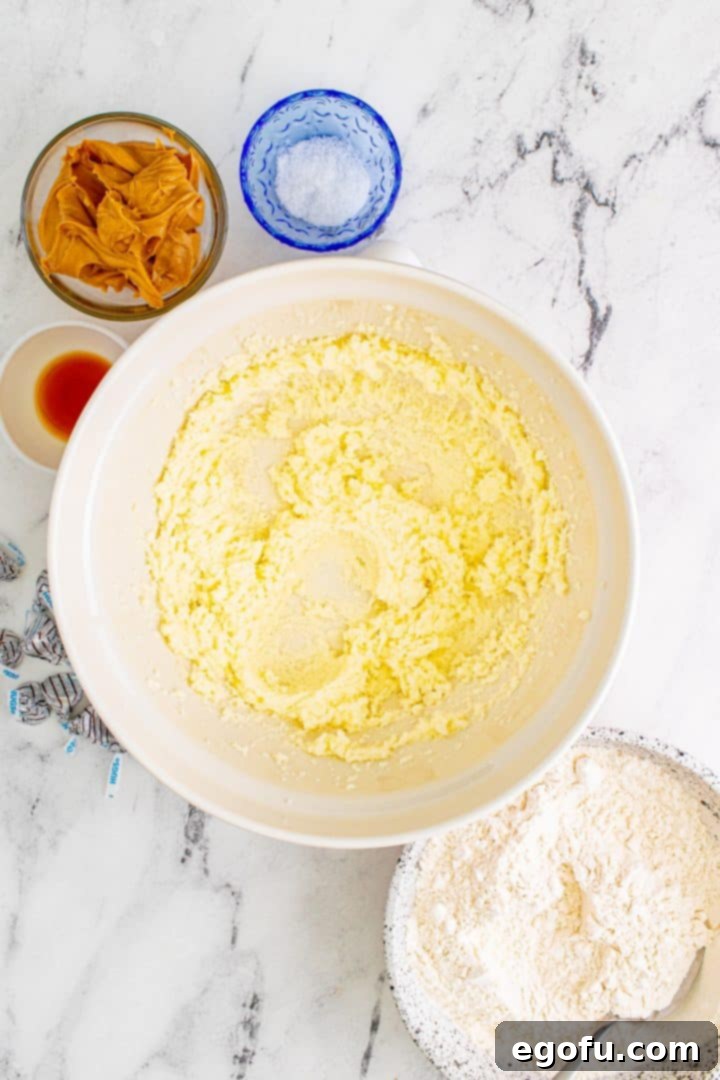 Butter and sugar beaten together in bowl, appearing light and fluffy.