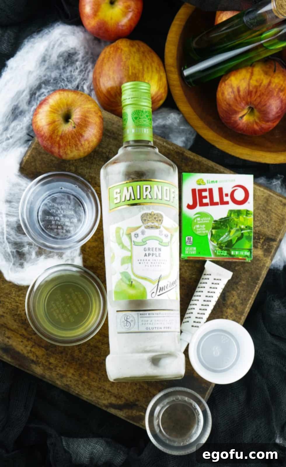 Ingredients needed: lime jell-o, boiling water, green apple vodka, lime juice and black gel food coloring.