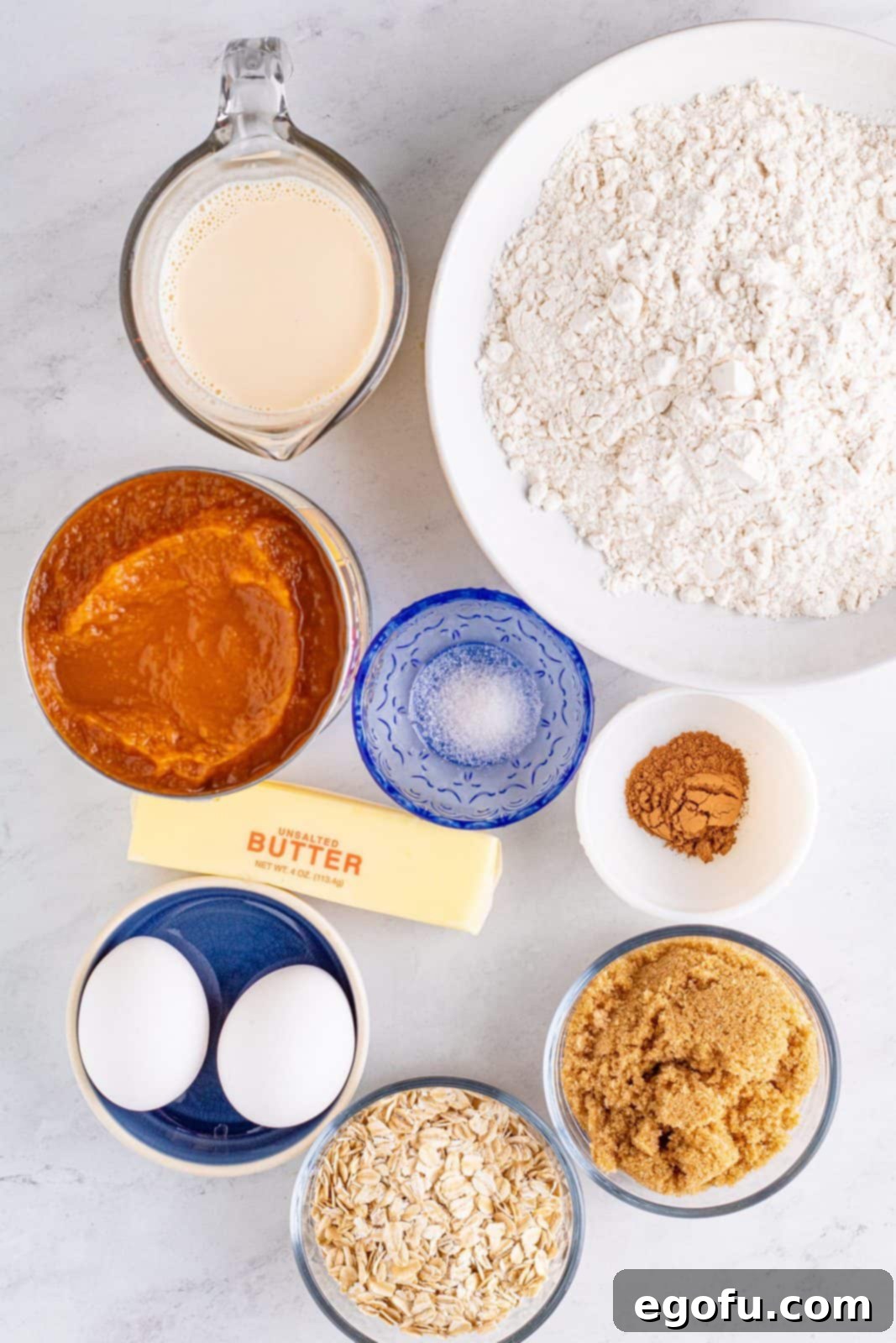 Ingredients needed for Pumpkin Streusel Bars: all-purpose flour, pumpkin pie spice, fine sea salt, unsalted butter, light brown sugar, pumpkin pie mix, eggs, evaporated milk, rolled oats, powdered sugar, whole milk and vanilla extract, arranged aesthetically on a white surface.