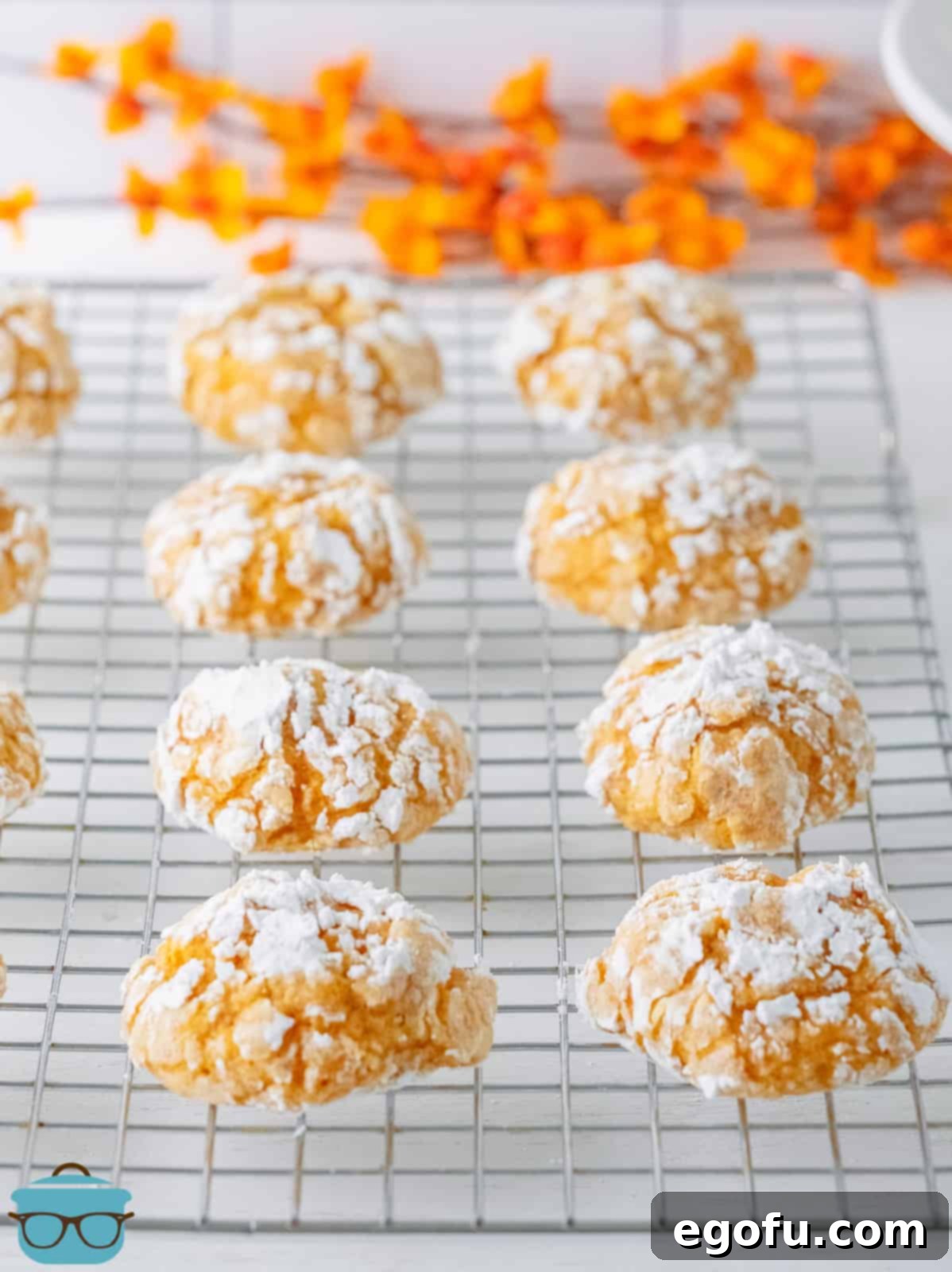 Fall Pumpkin Crinkle Delights 12 Freshly baked Pumpkin Crinkle Cookies, with their signature crinkled tops, carefully transferred to a wire cooling rack.