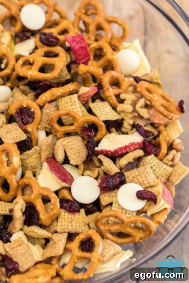 Close up overhead photo of Harvest Trail Mix in bowl.