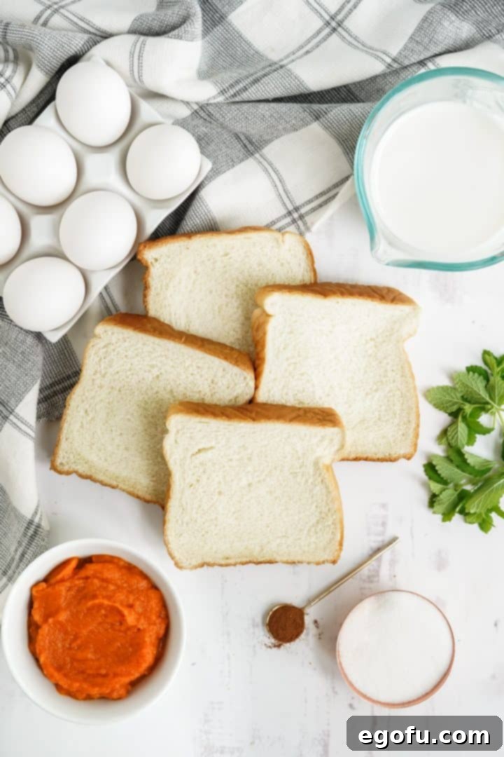 Ingredients needed: 12 slices Texas Toast 6 eggs 1 cup milk ½ cup pumpkin puree 2 teaspoons pumpkin spice seasoning 1 Tablespoon granulated white sugar.
