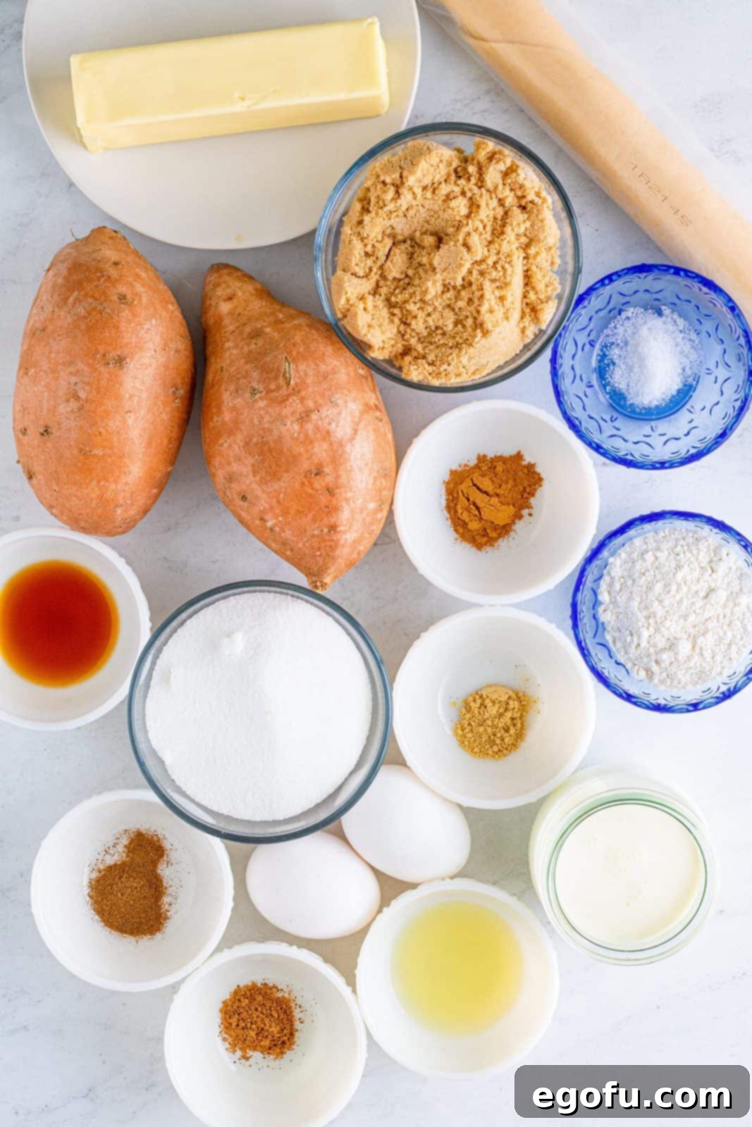 Velvet Sweet Potato Dream Pie 4 Ingredients needed: Sweet potatoes, unsalted butter, light brown sugar, granulated sugar, eggs, heavy cream, all-purpose flour, lemon juice, vanilla extract, sea salt, cinnamon, cloves, ginger, nutmeg and a refrigerated pie crust.