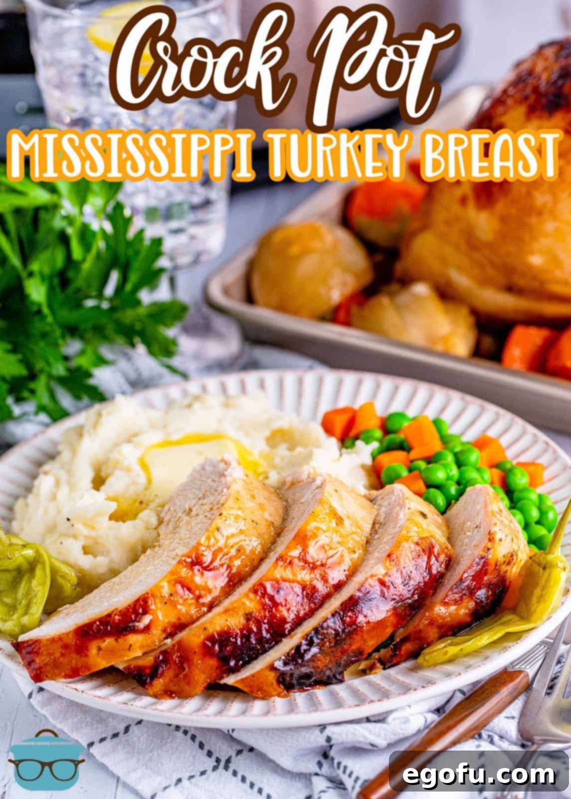 Pinterest image of Crock Pot Mississippi Turkey Breast plated with sides, including mashed potatoes and green beans.