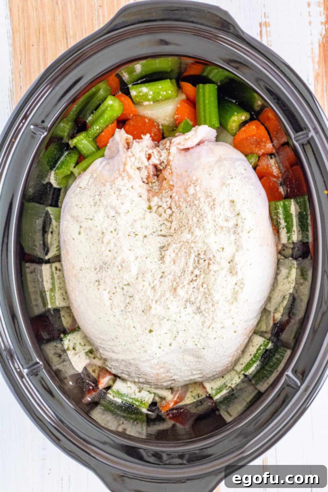 Turkey gravy mix and ranch seasoning mix generously sprinkled over the turkey breast.