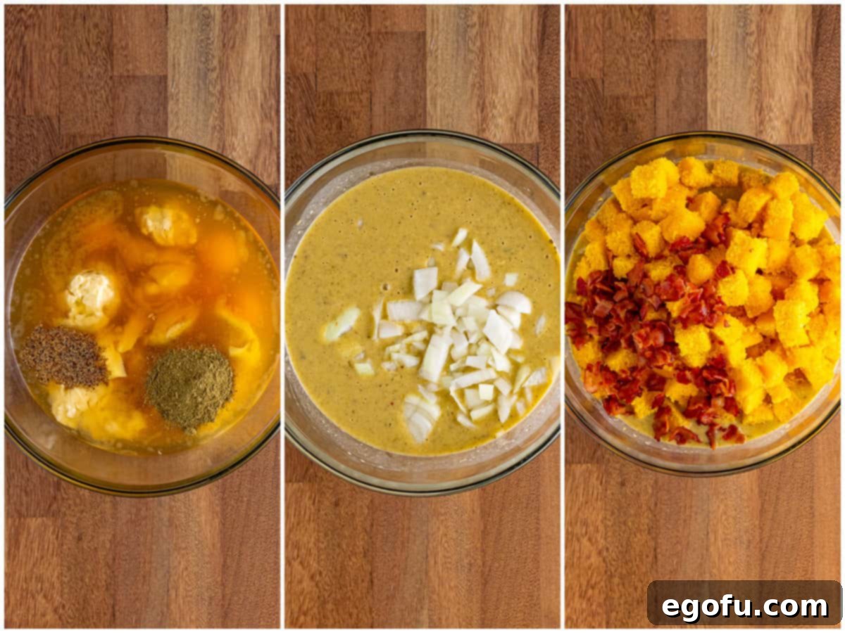 Homestyle Slow Cooker Cornbread Dressing 5 collage of three photos: eggs, broth, cream soups and seasonings in ab owl; dicd onions added to batter; cubed cornbread and cooked bacon added to the bowl.