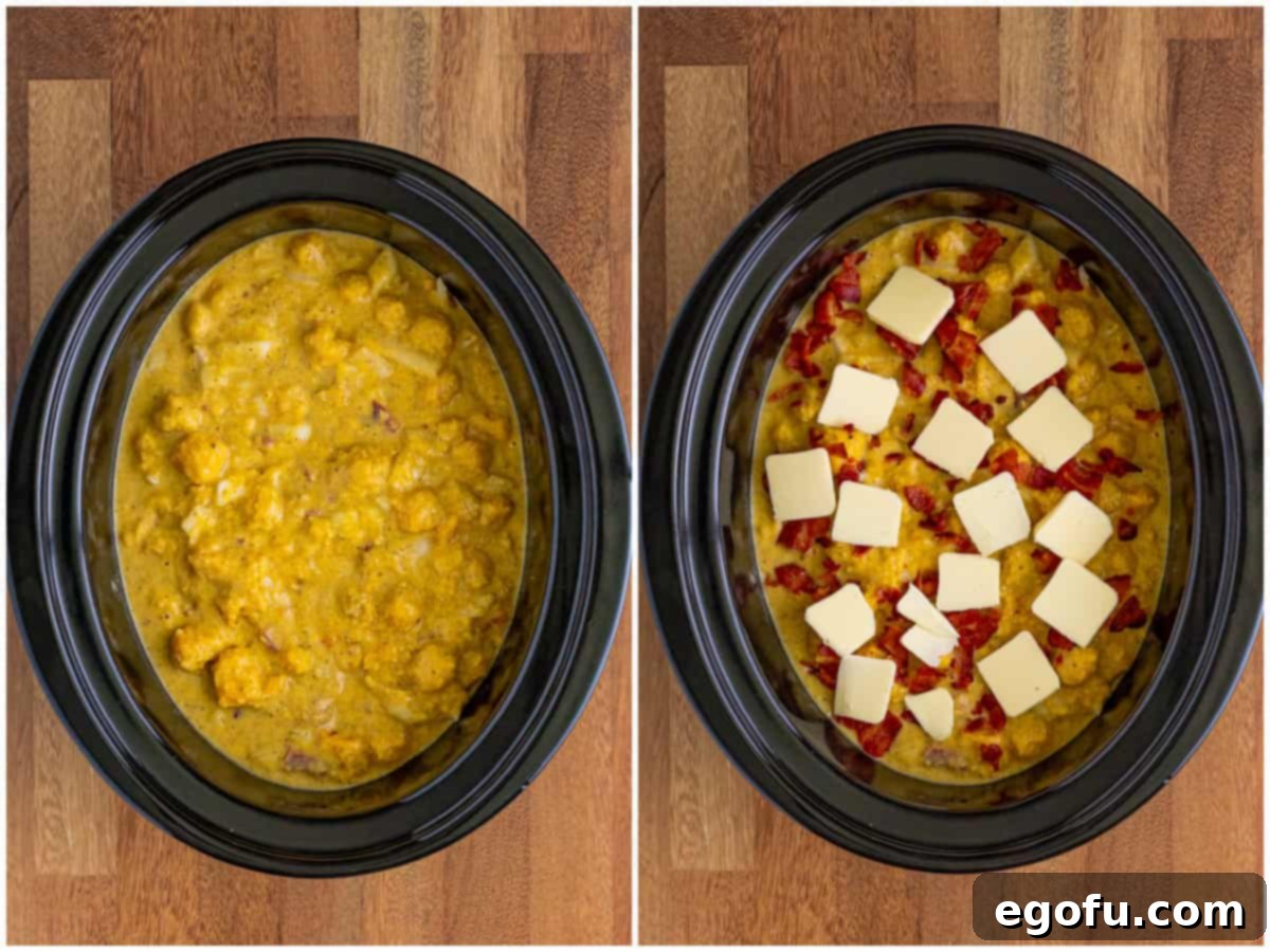 Homestyle Slow Cooker Cornbread Dressing 6 collage of two photos: cornbread dressing mixture added to the slow cooker; cooked bacon and sliced butter added to the top.