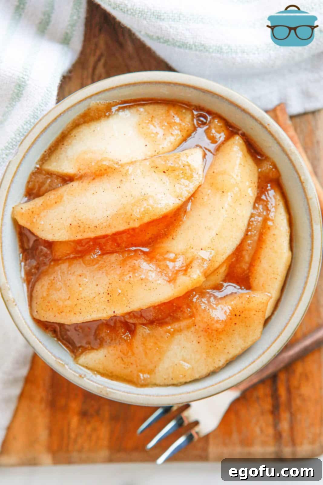Close up overhead photo of Instant Pot Fried Apples in bowl.