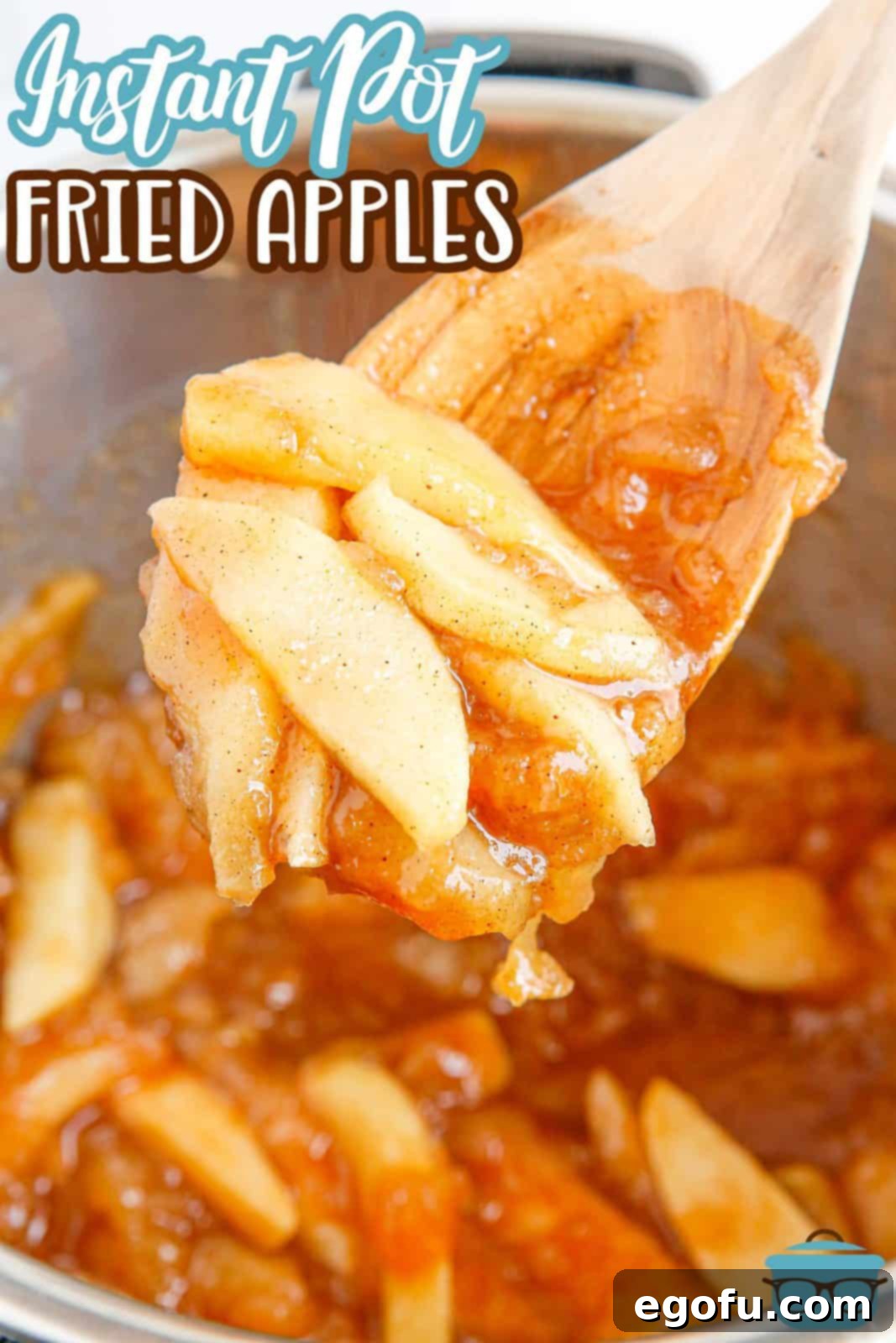 closeup photo of Instant Pot Fried Apples on wooden spoon.