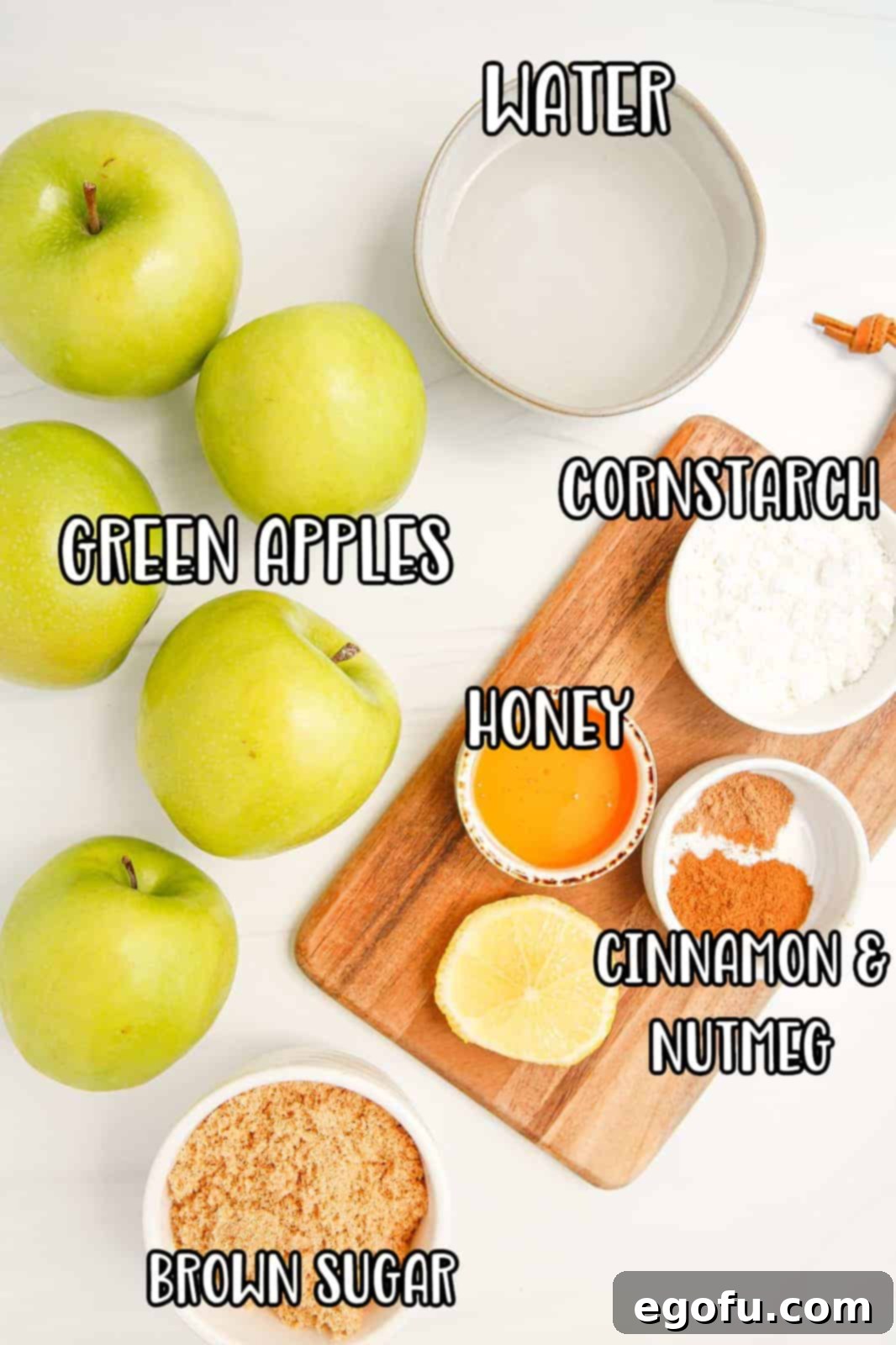 Ingredients needed: apples, dark brown sugar, ground cinnamon, ground nutmeg, honey, cornstarch and water.