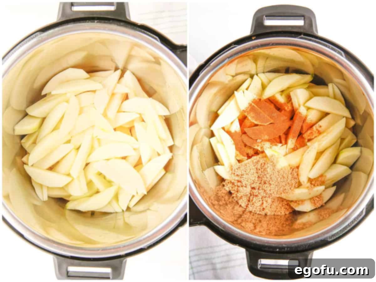 collage of two photos: sliced apples shown in the bottom of an instant pot and spices and brown sugar shown on top of the apples in the instant pot.
