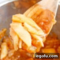 Square image close up of Fried Apples on wooden spoon.