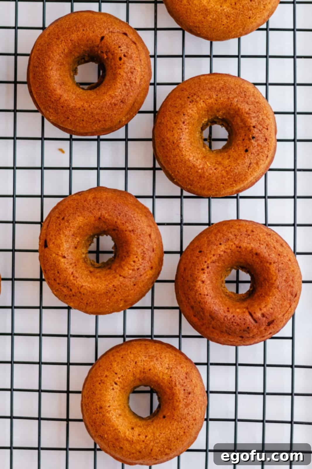 Baked donuts cooling on a wire rack, allowing air circulation for even cooling before the topping is applied.