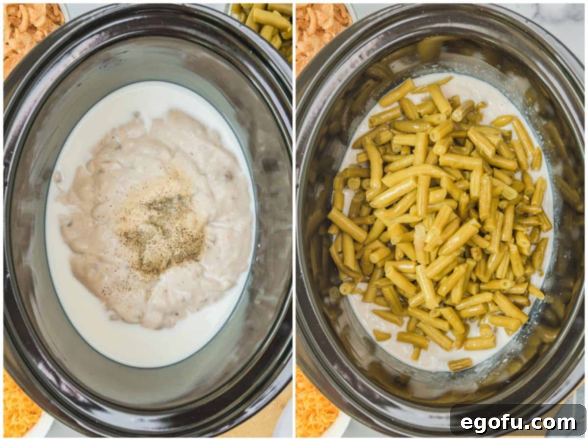 collage of two photos: cream of mushroom soup, milk and seasonings in crock pot; green beans added to slow cooker.