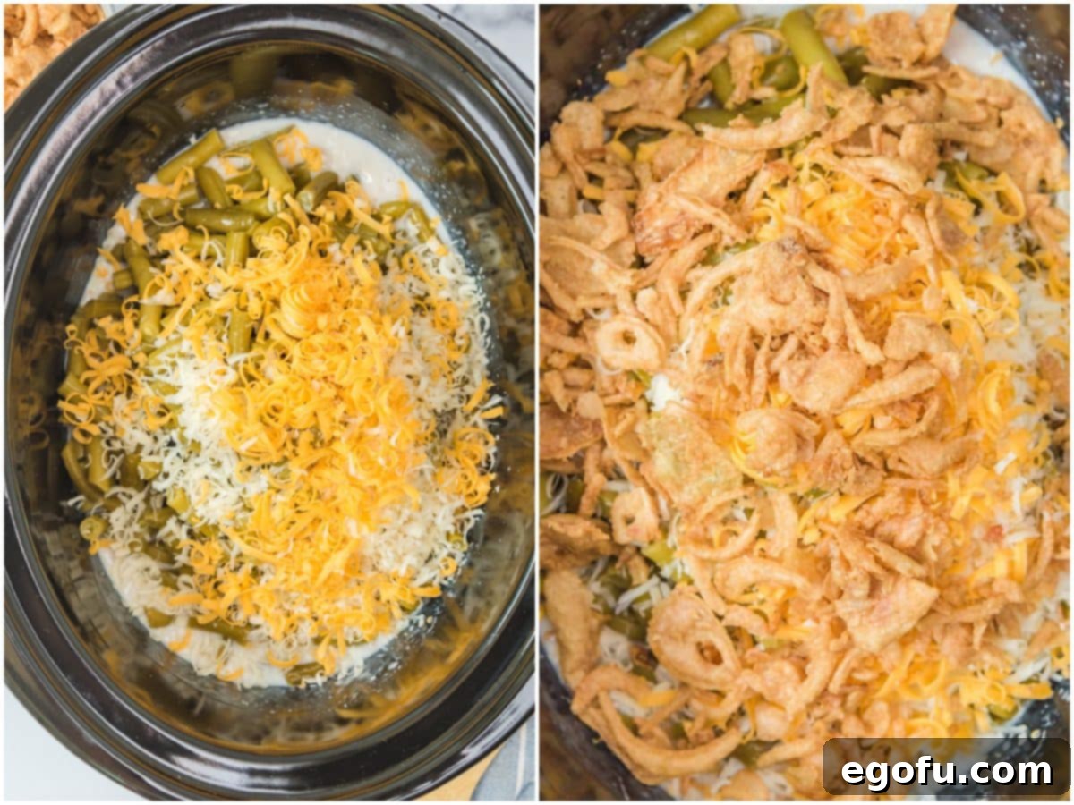 collage of two photos: shredded cheeses added to slow cooker and fried onions added on top of mixture in slow cooker.