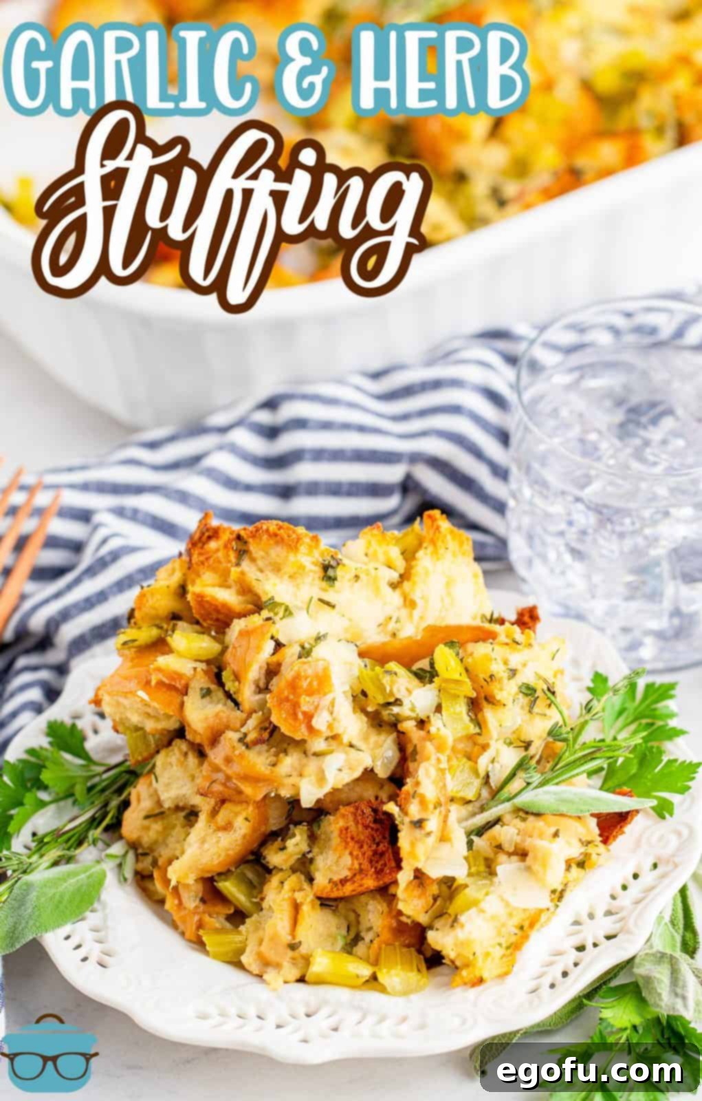 A beautifully baked dish of Easy Garlic and Herb Stuffing, golden and ready for serving, with a serving spoon.