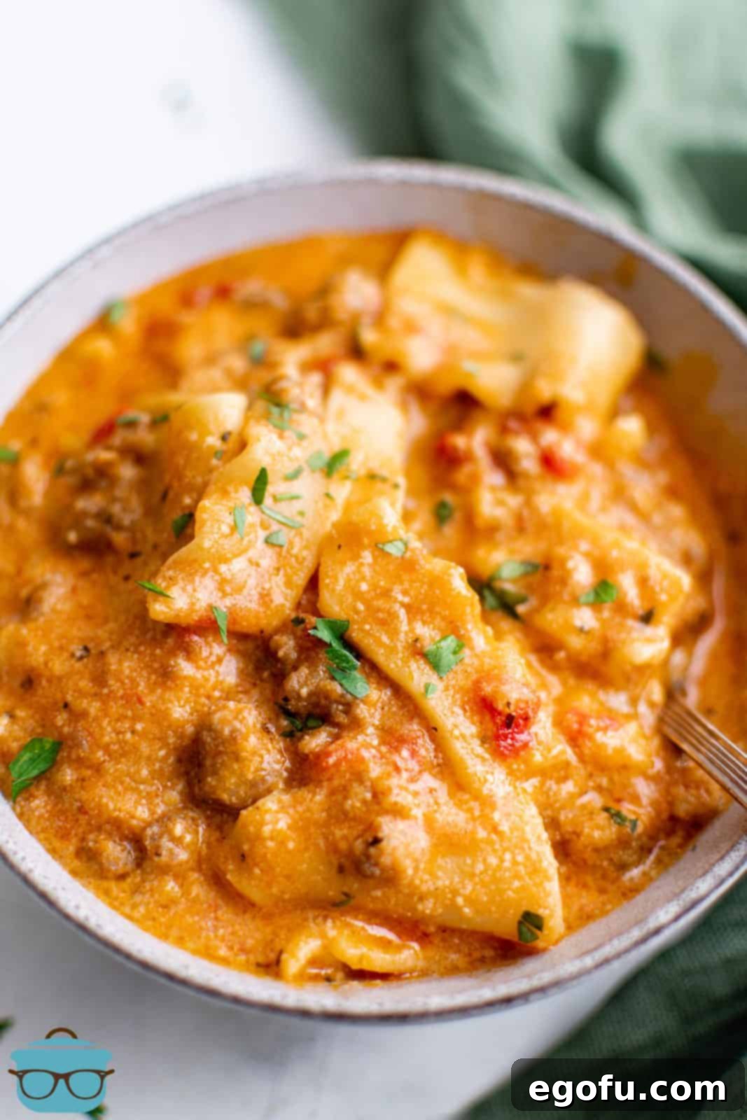 Finished Instant Pot Lasagna Soup overhead in white bowl.