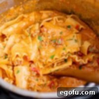 Square image close up with wooden spoon in Instant Pot Lasagna Soup.
