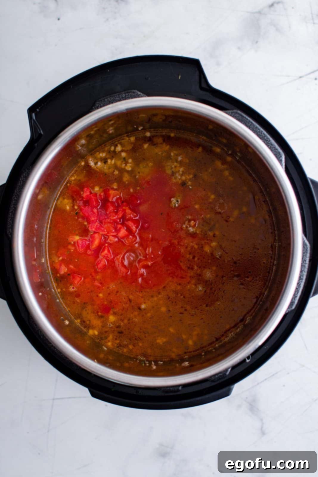 Chicken broth, diced tomatoes and marinara sauce added to instant pot.