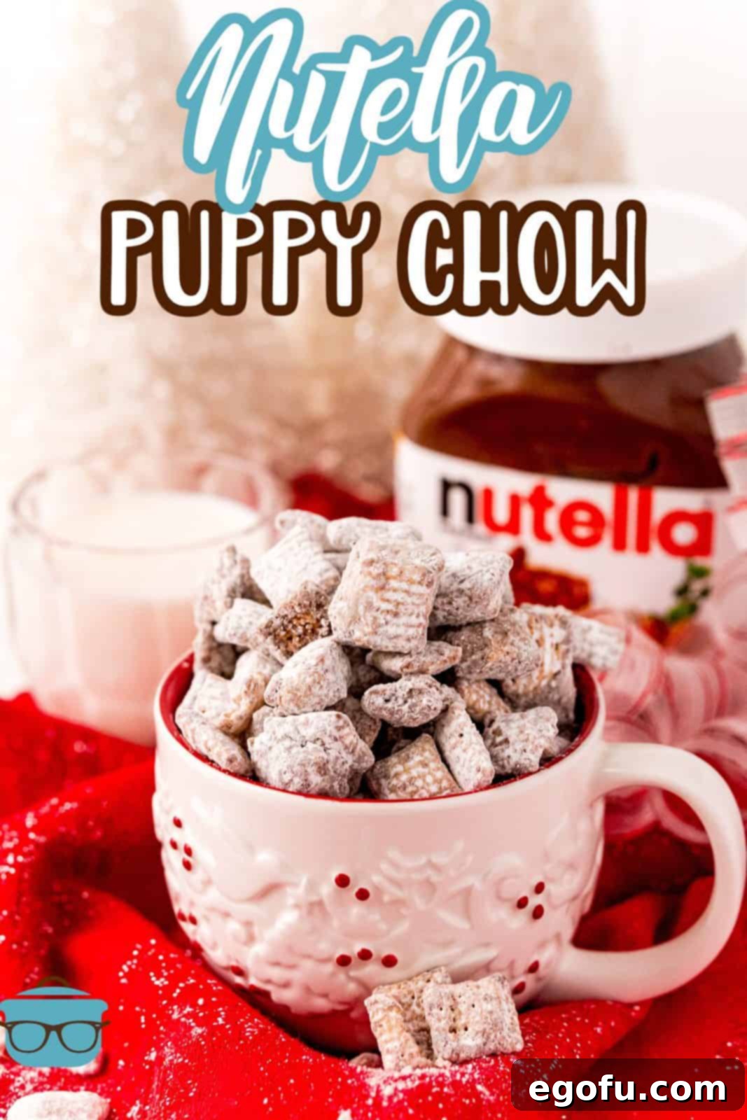 Pinterest image of pink mug with Nutella Puppy Chow stacked in it.