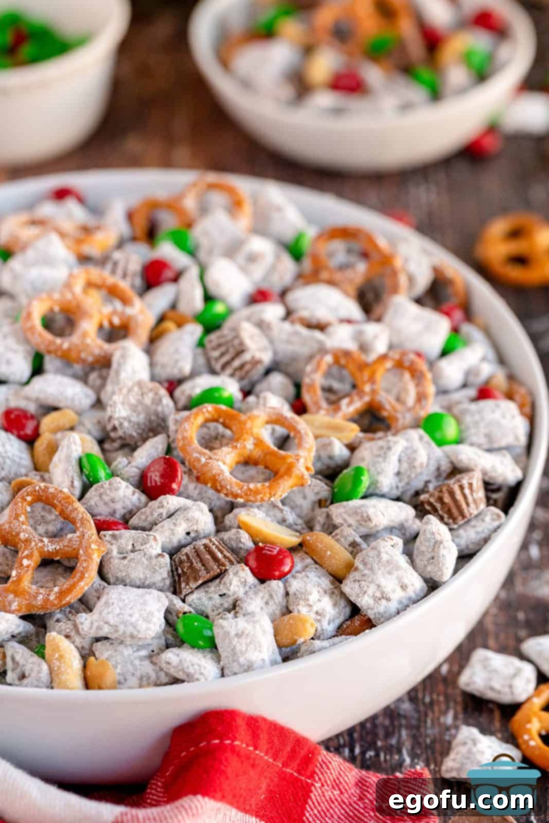 Reindeer Chow in white bowl.