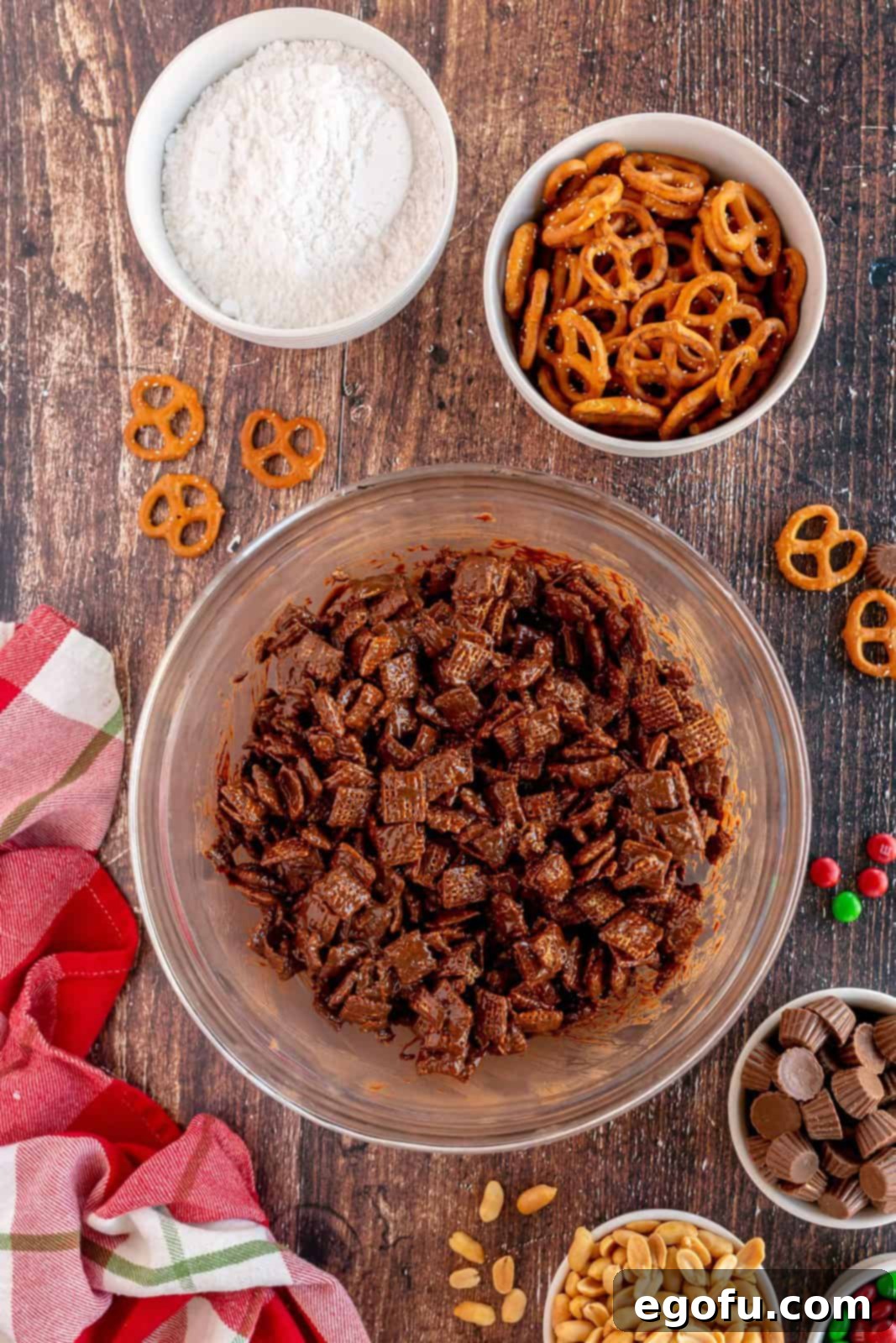 Chocolate mixture poured over chex cereal in bowl and stirred together.
