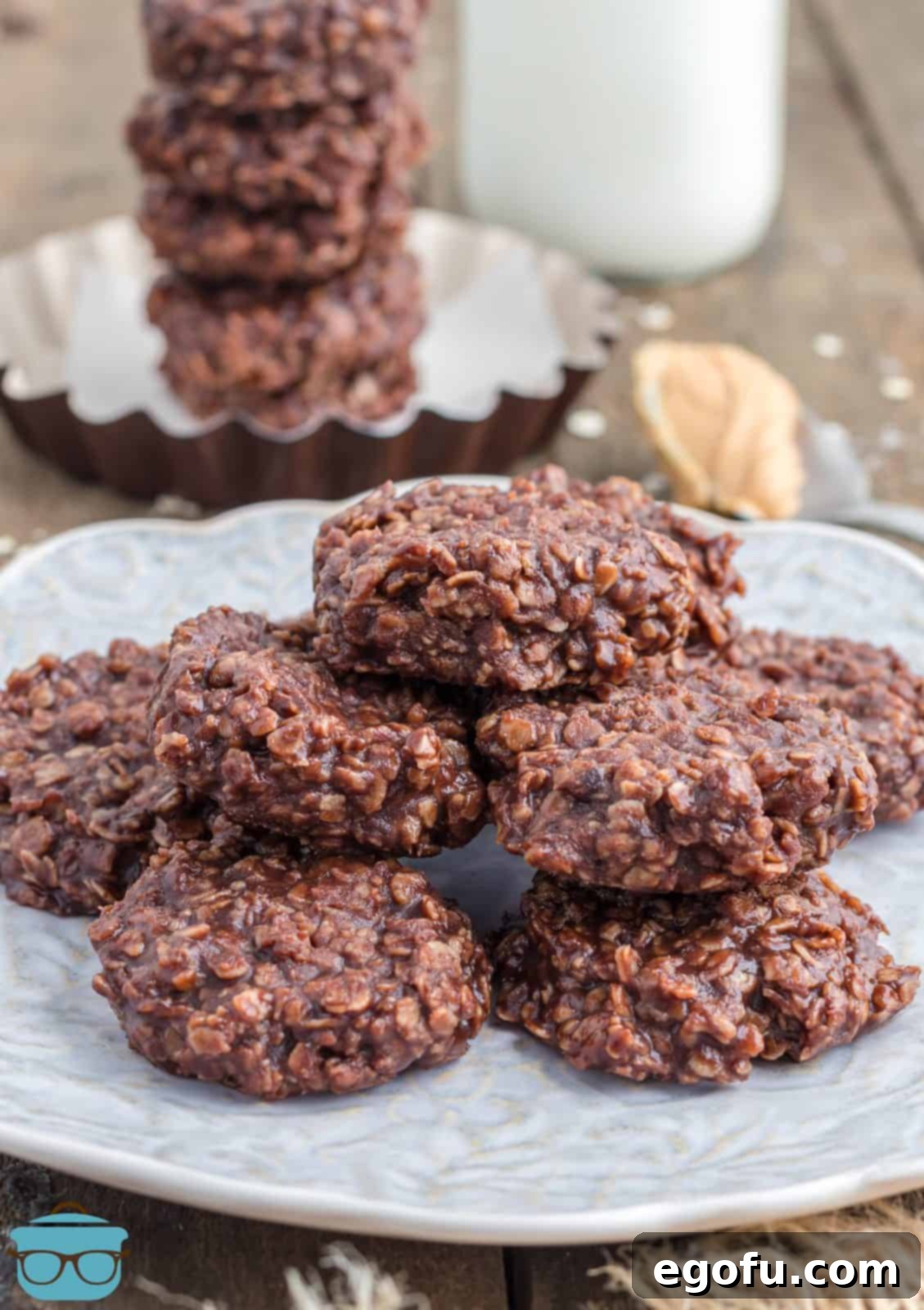 Shallow stacked Grandma's No Bake Cookies no white plate.