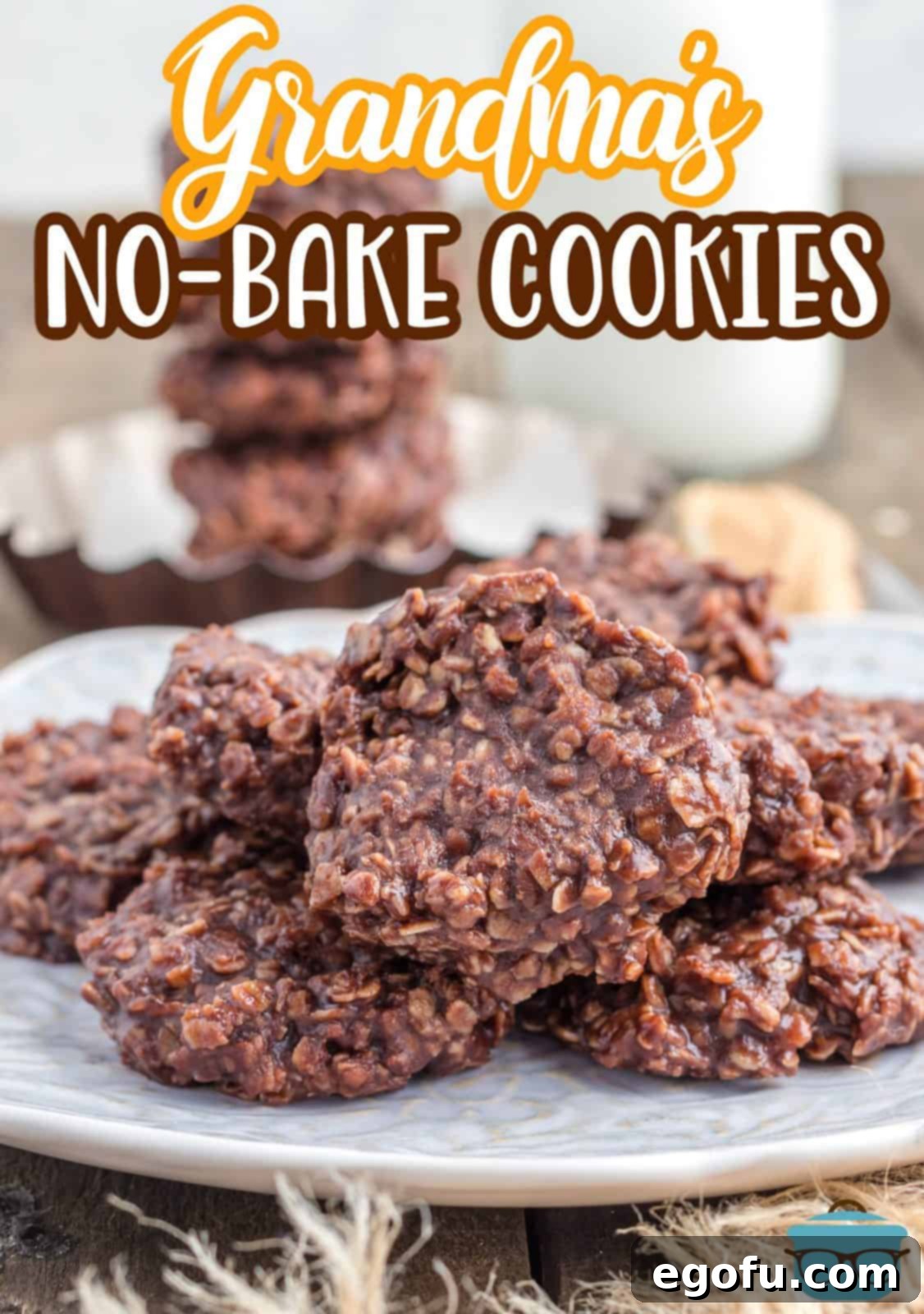 Close up of Grandma's No Bake Cookies on white plate stacked Pinterest image.