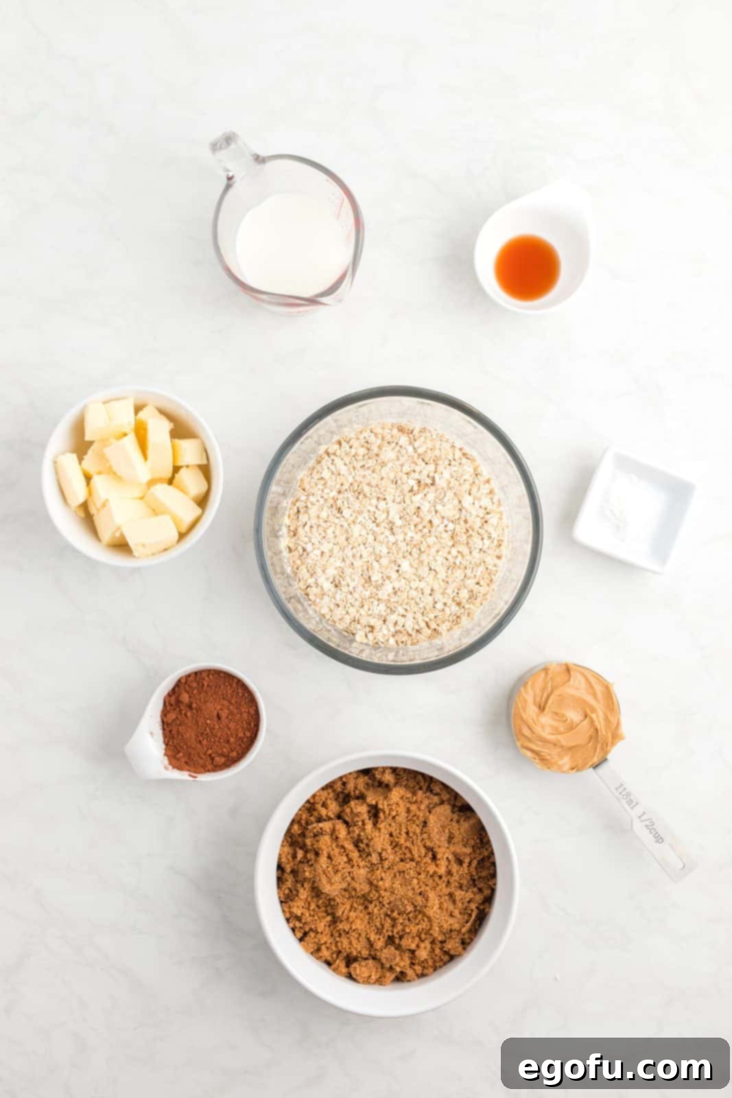 Ingredients needed: unsalted butter, brown sugar, cocoa powder, milk, vanilla extract,  peanut butter, quick-cook oats and salt.