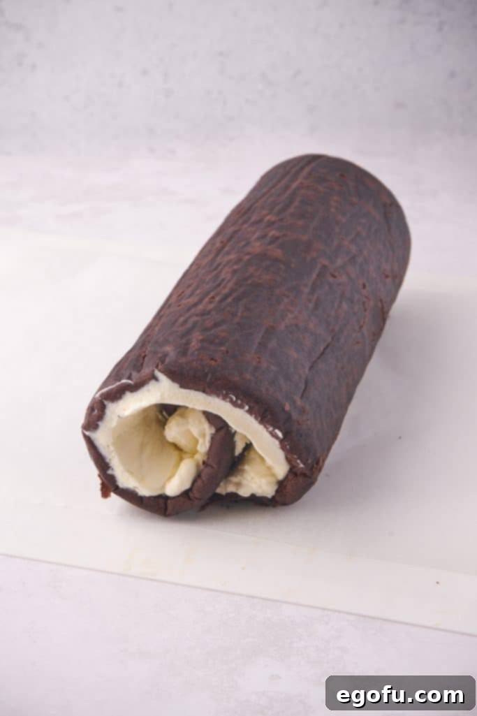 Cake rolled up with filling inside.