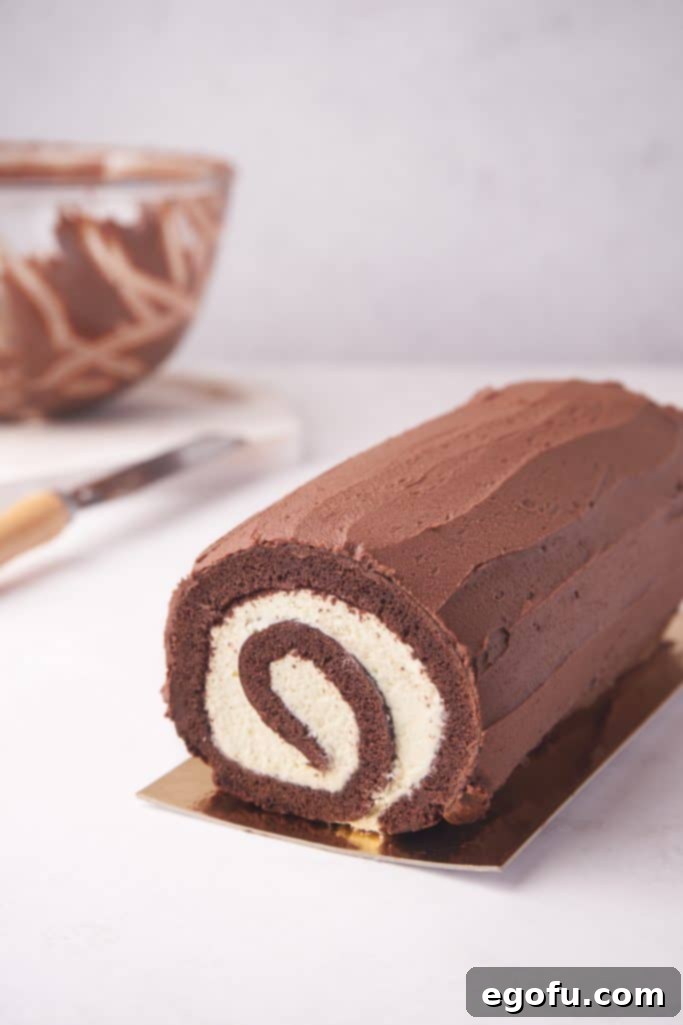 Rollled up cake spread with chocolate ganache.