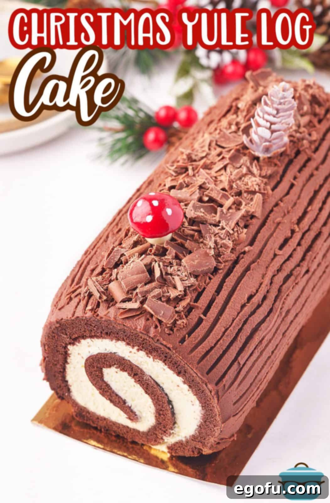 Pinterest image of decorated Christmas Yule Log Cake.