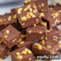 Square image of Fudge Recipe close up stacked, highlighting the rich chocolate and walnuts.