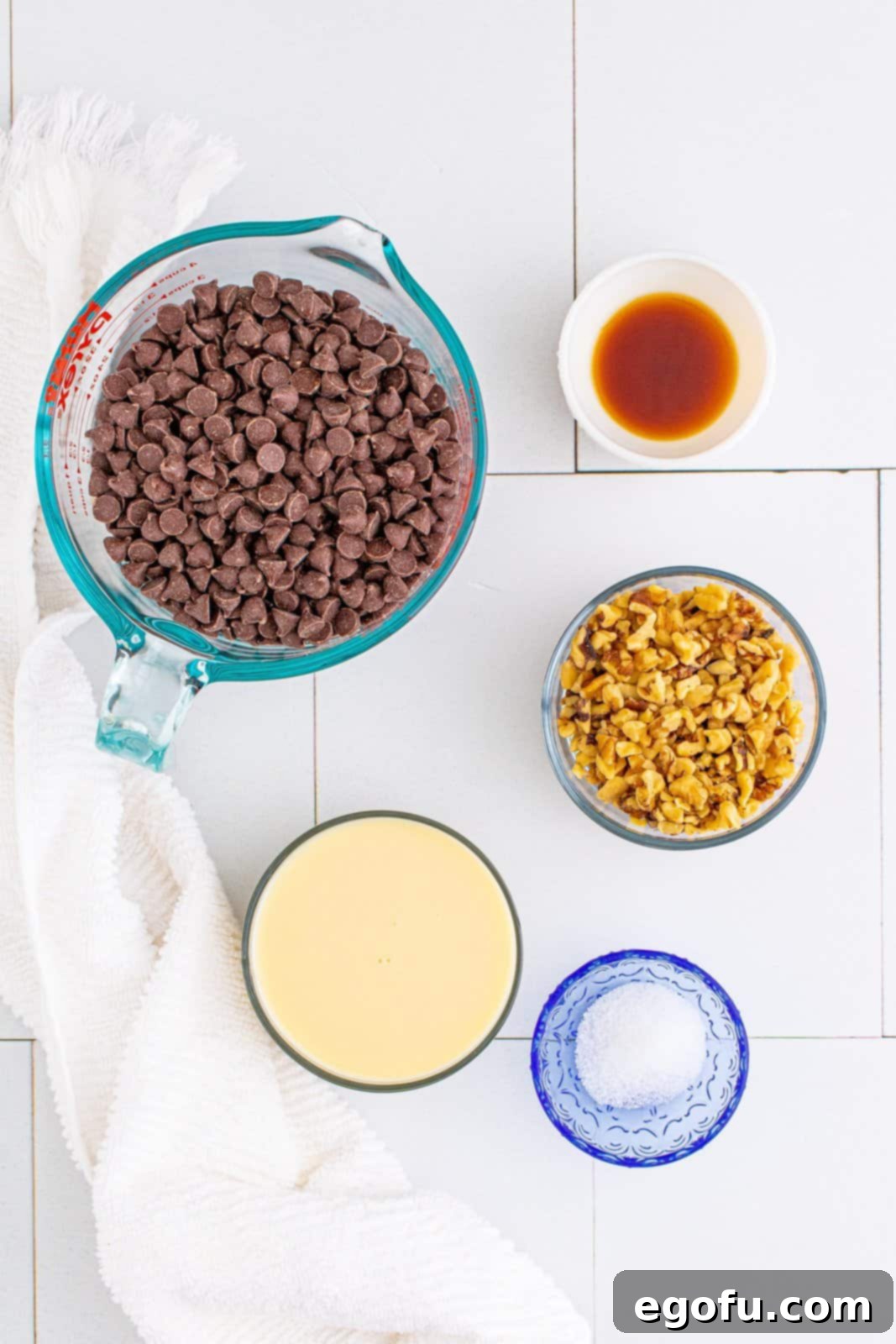 Ingredients laid out: semi-sweet chocolate chips, a can of sweetened condensed milk, a bottle of vanilla extract, a pinch of salt, and a bowl of chopped walnuts.