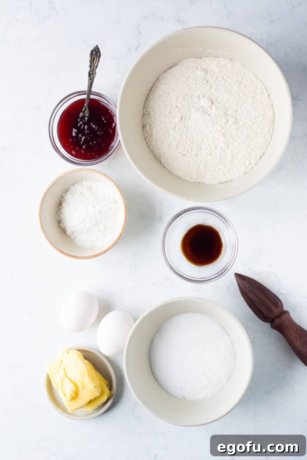 Ingredients needed: all-purpose flour, cornstarch, salt,  butter, granulated sugar, egg, vanilla extract and strawberry jam.