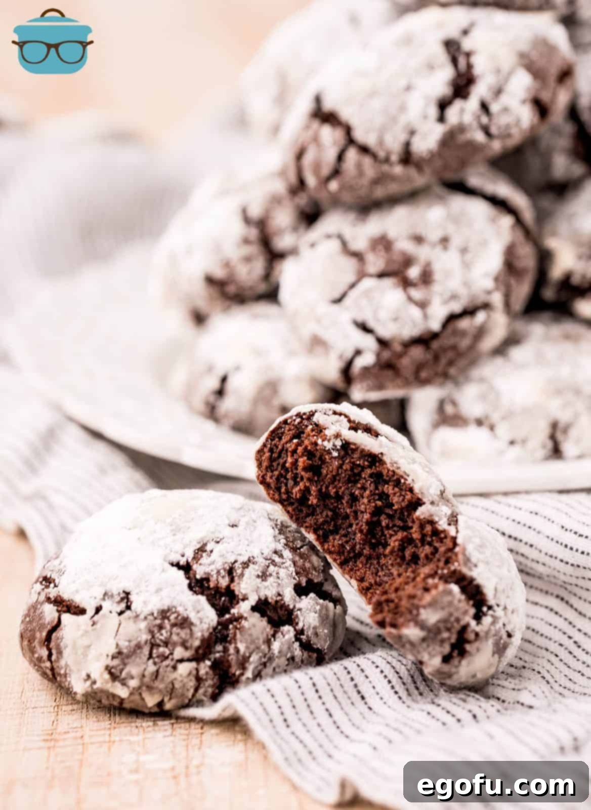 Chocolate Crinkle Cookies on linen with one leaning up against another with bite taken out.