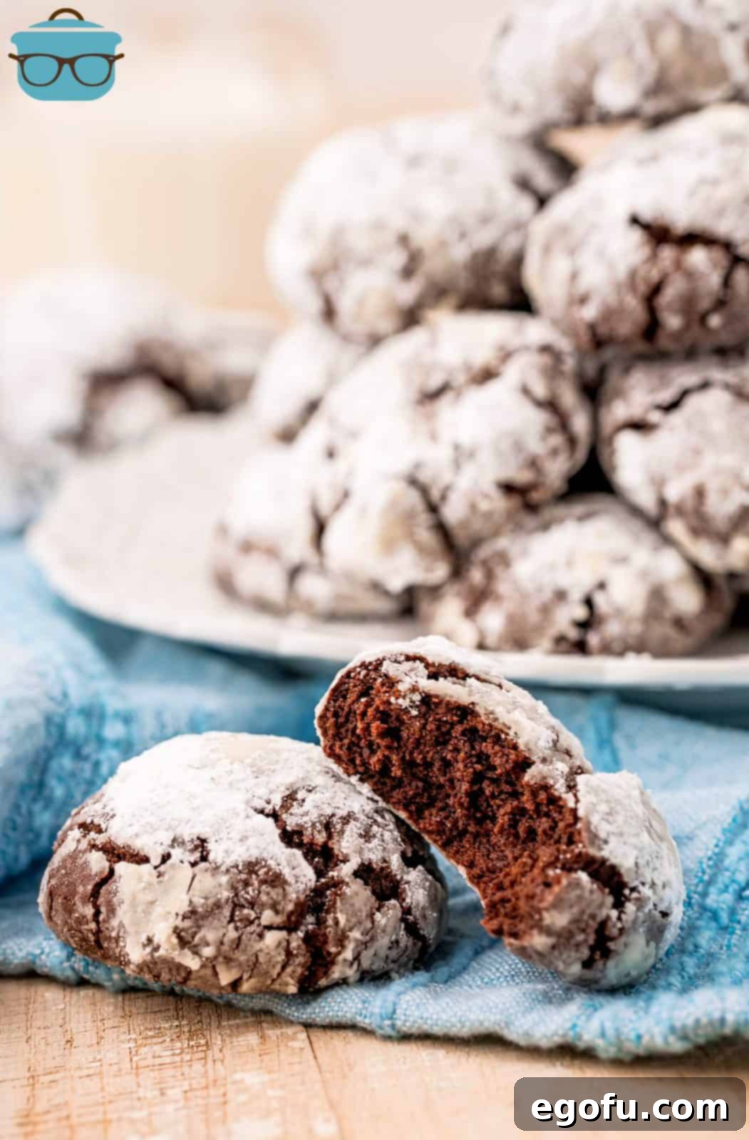 Bite taken out of one Chocolate Crinkle Cookie laying on top of another cookie.