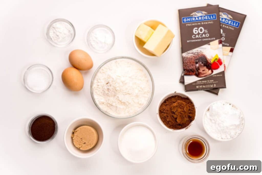 Ingredients needed: dark chocolate, unsalted butter, espresso powder, granulated sugar, brown sugar, eggs, vanilla extract, all-purpose flour, dutch cocoa powder, baking powder, baking soda, salt and powdered sugar.