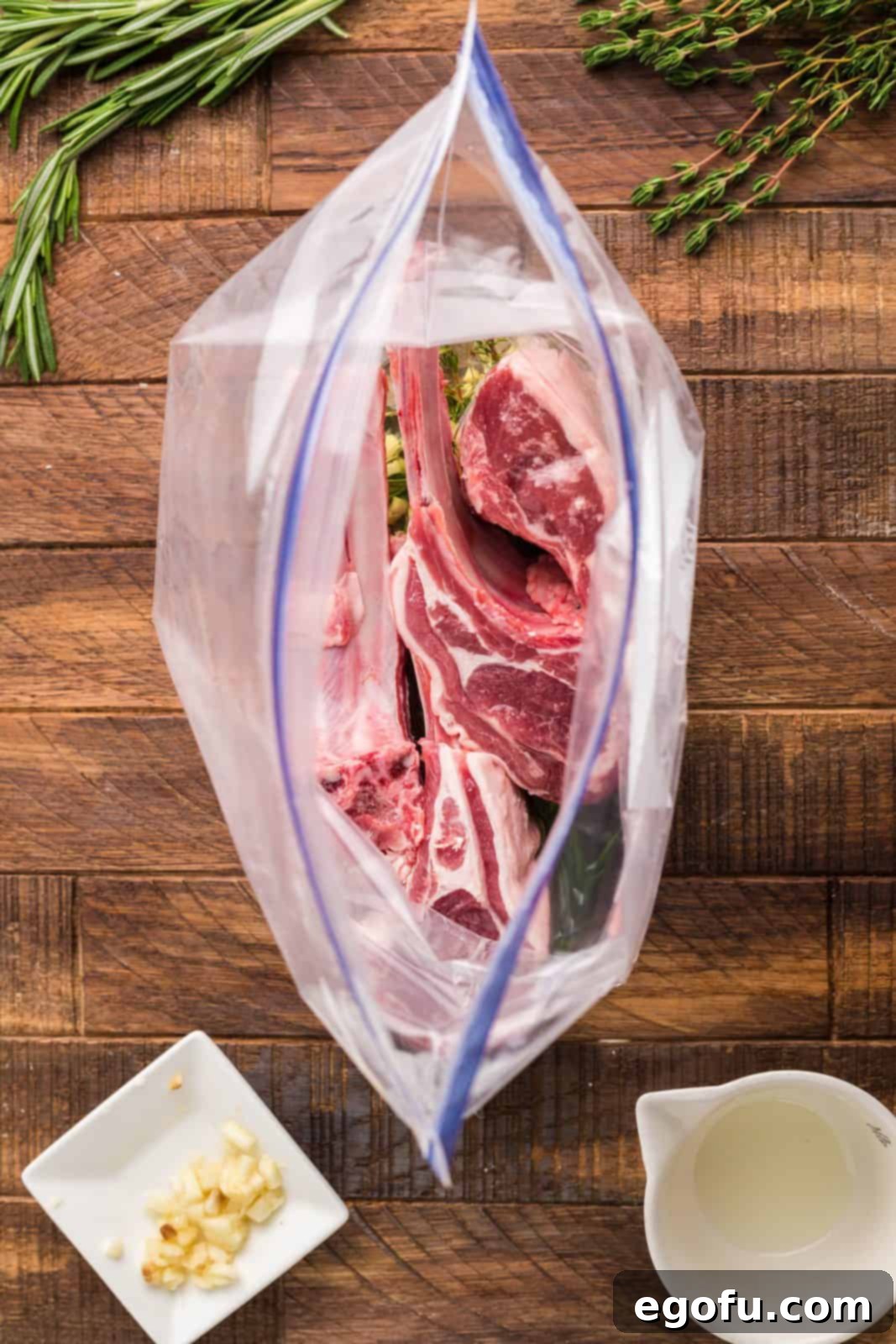 Succulent Lamb Chops 6 Freshly sliced lamb chops being placed into a resealable bag with the prepared marinade, ready for flavor infusion.
