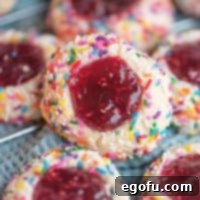 Square image of propped up Raspberry Thumbprint Cookies, showcasing their appealing appearance.