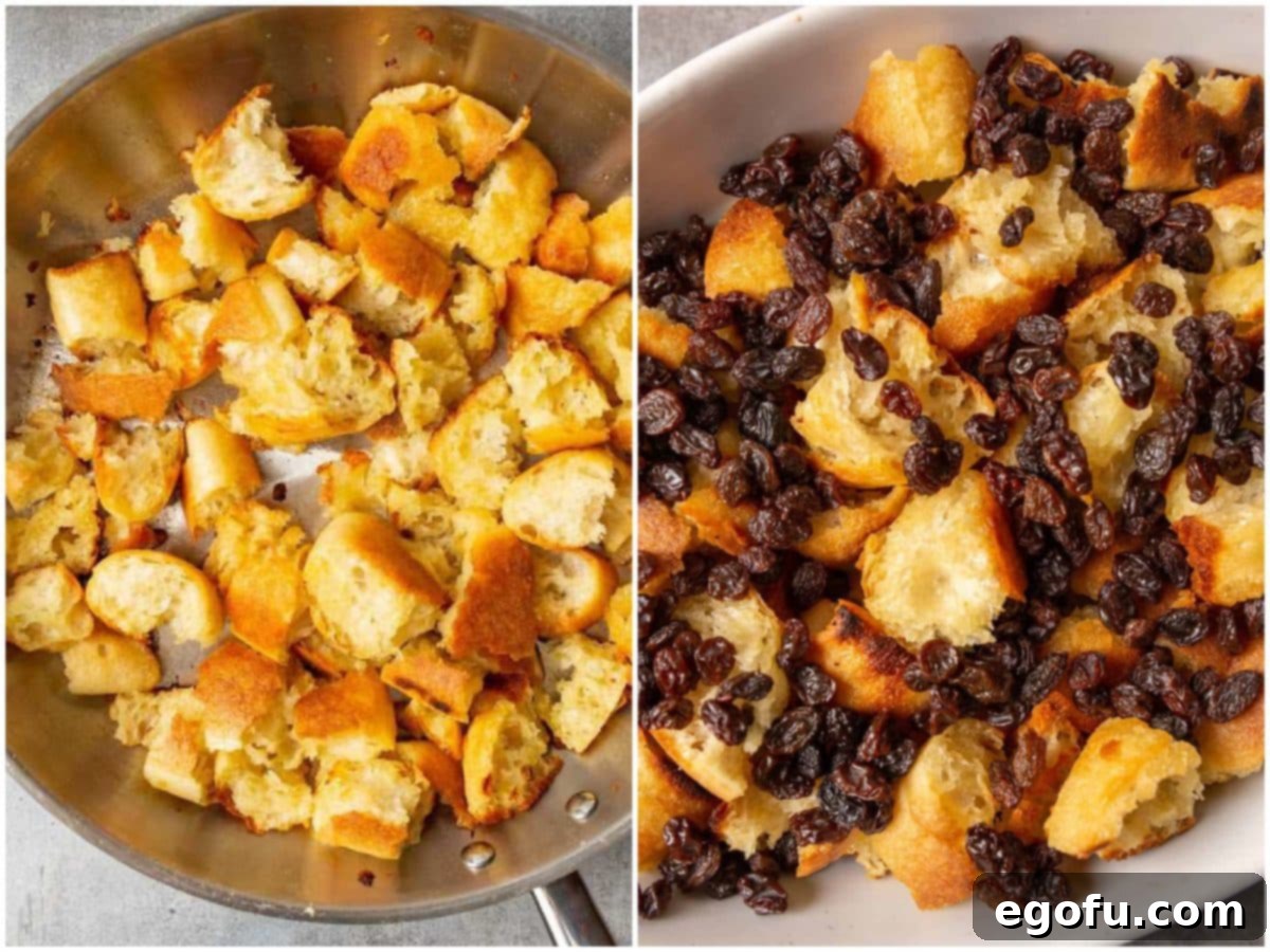 A two-part image showing the process: Left, golden-brown chunks of French bread being toasted in melted butter in a skillet. Right, the butter-toasted bread pieces evenly spread in a baking dish, with plump raisins sprinkled over them, ready for the custard.