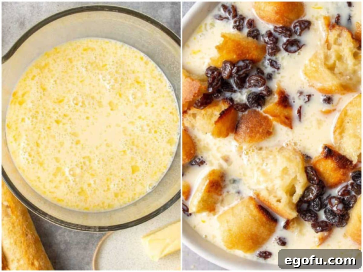 A two-part image illustrating the custard preparation: Left, a bowl holds a whisked mixture of eggs, milk, sugar, vanilla extract, and dark rum. Right, the creamy custard mixture is being poured over the bread and raisins in the casserole dish, ensuring every piece is coated.