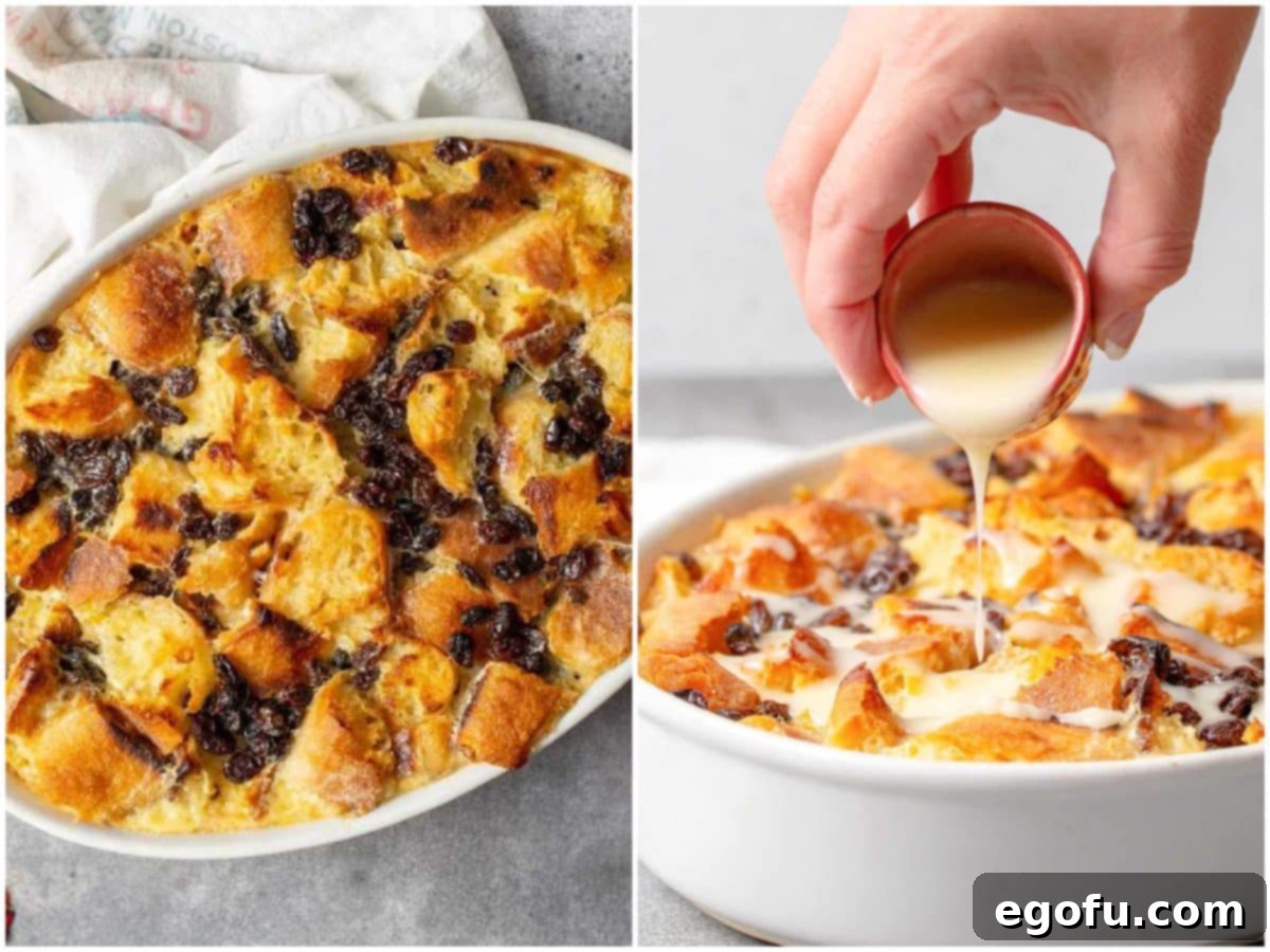 A two-part image illustrating the final steps: Left, the golden-brown, perfectly baked bread pudding, just removed from the oven. Right, a creamy, sweet sauce is being drizzled generously over the warm, freshly baked bread pudding in the casserole dish.
