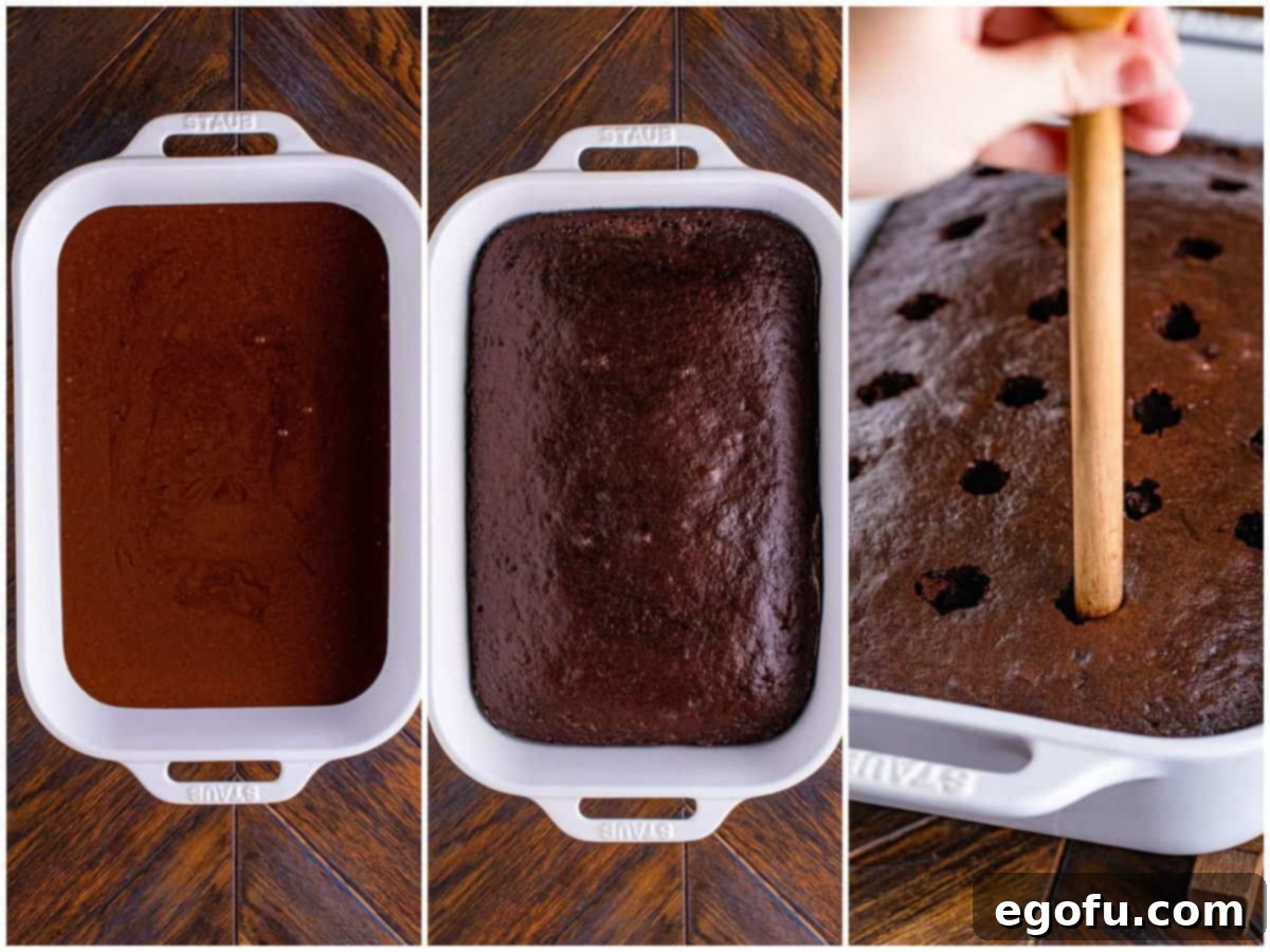 collage of three photos: chocolate cake batter in baking dish; fully baked cake; a wooden spoon handle poking holes in cake. 