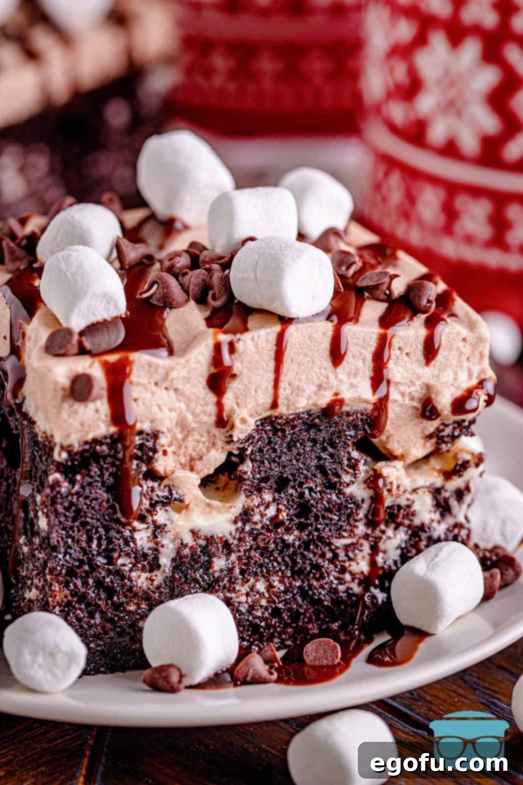 closeup photo showing a side view of a slice of hot chocolate poke cake on a white plate. 