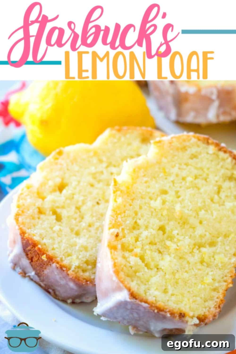 Starbucks Zesty Lemon Loaf 4 Slices of glazed lemon loaf on a white plate, ready to be served.