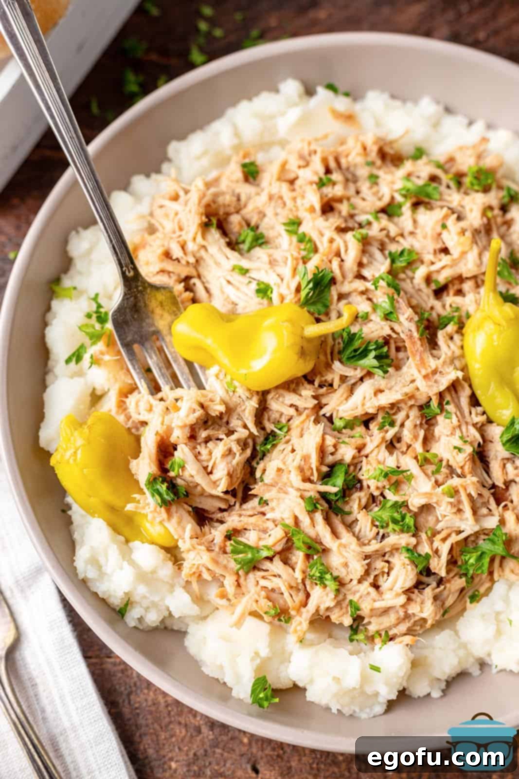 overhead photo of shredded chicken served over mashed potatoes with a fork set to the side.