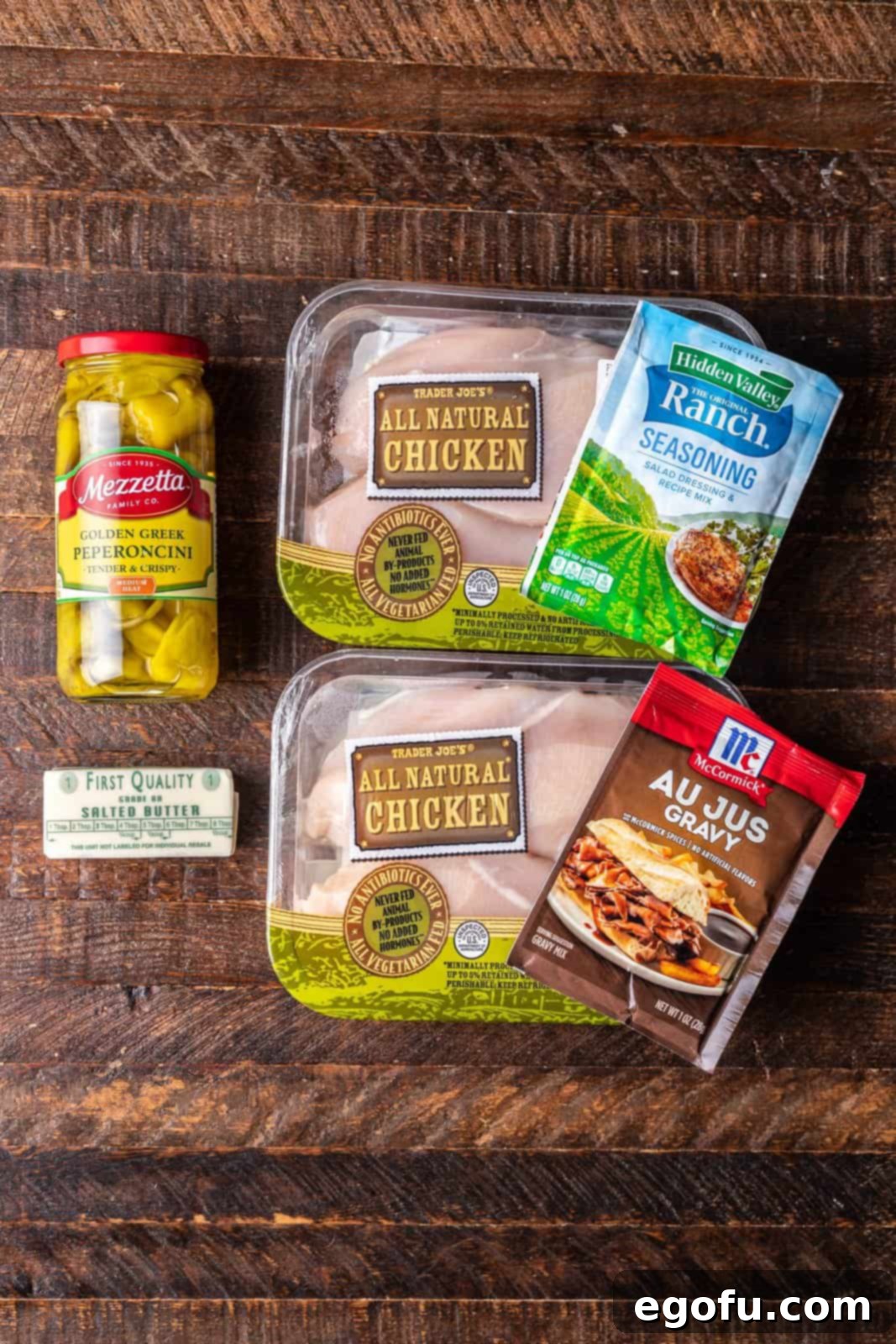 chicken breasts, au just gravy packet, ranch dressing packet, pepperoncini peppers, salted butter.